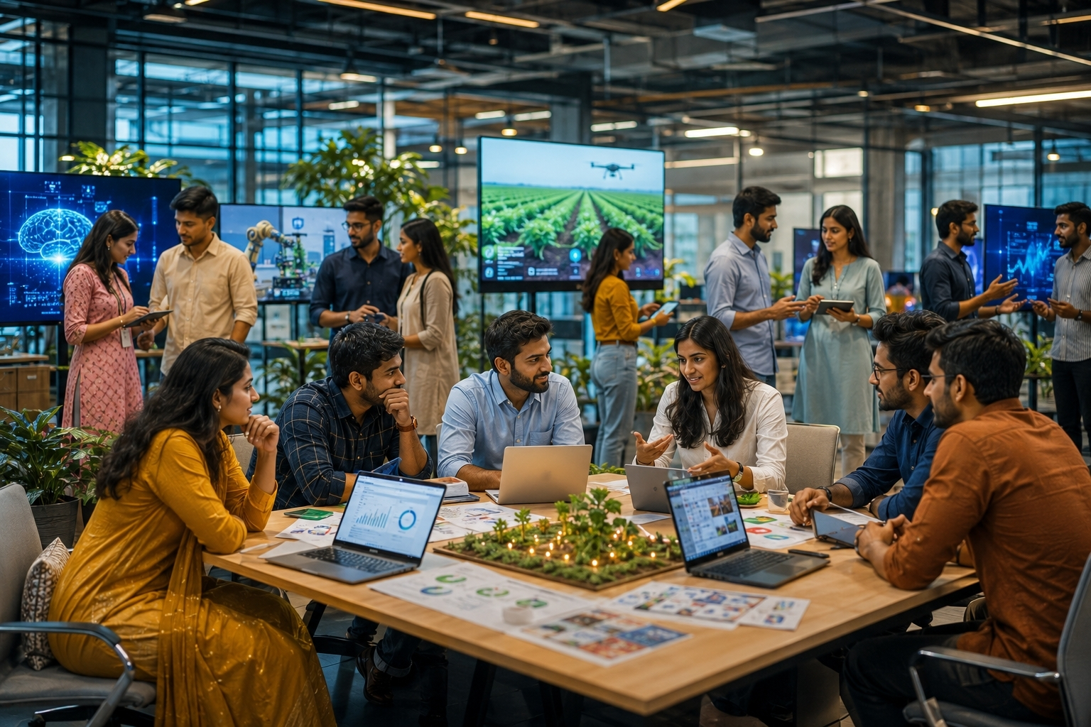 Young Indian entrepreneurs presenting innovative startup ideas during the Vande Bharatam initiative