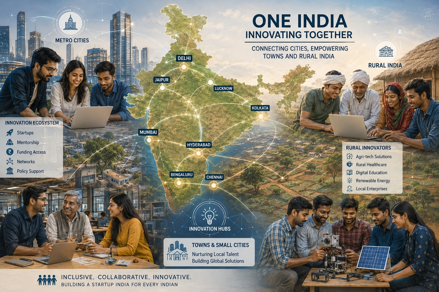 Illustration showing startup opportunities expanding from metro cities to every district of India