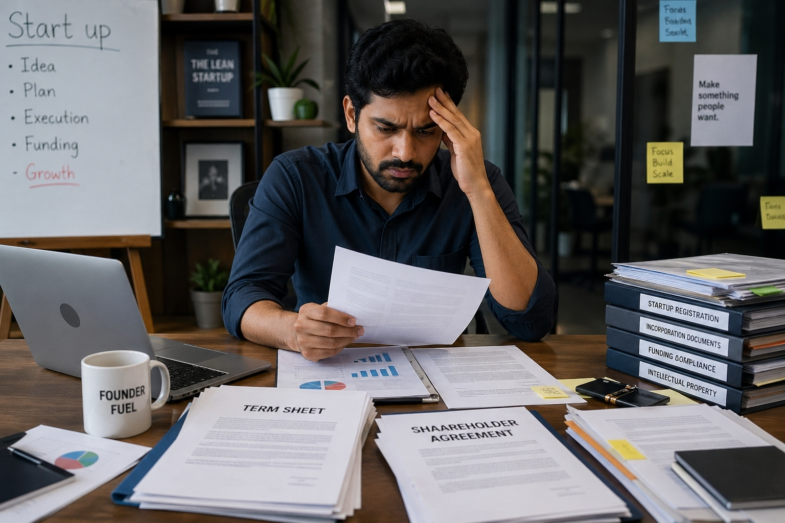 startup founder managing legal documents checklist